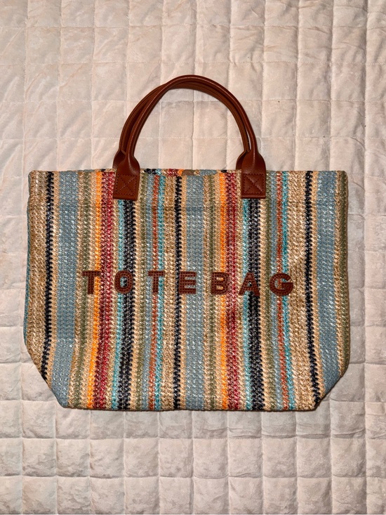 Handbags - Multicolor Striped Straw Tote with Brown Handles - TOTE BAG